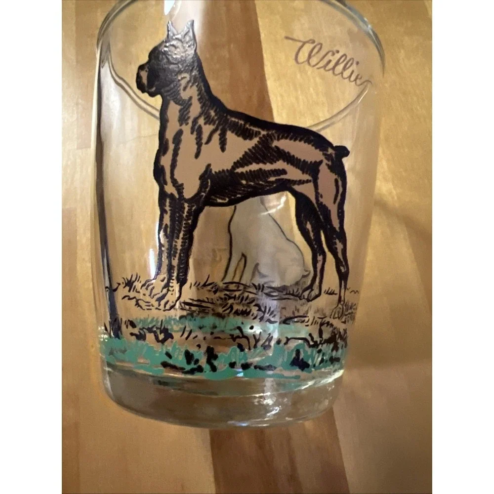 Hazel Atlas Willie the Boxer Dog Glass Tumbler Rocks Bar Ware Drinking